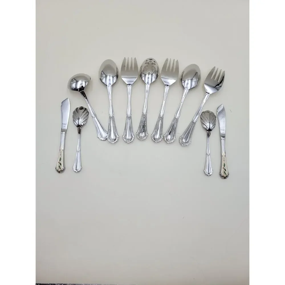 Lenox Holiday 18/8 Stainless Steel Serving Flatware Set of 11 Holly Gold Accent
